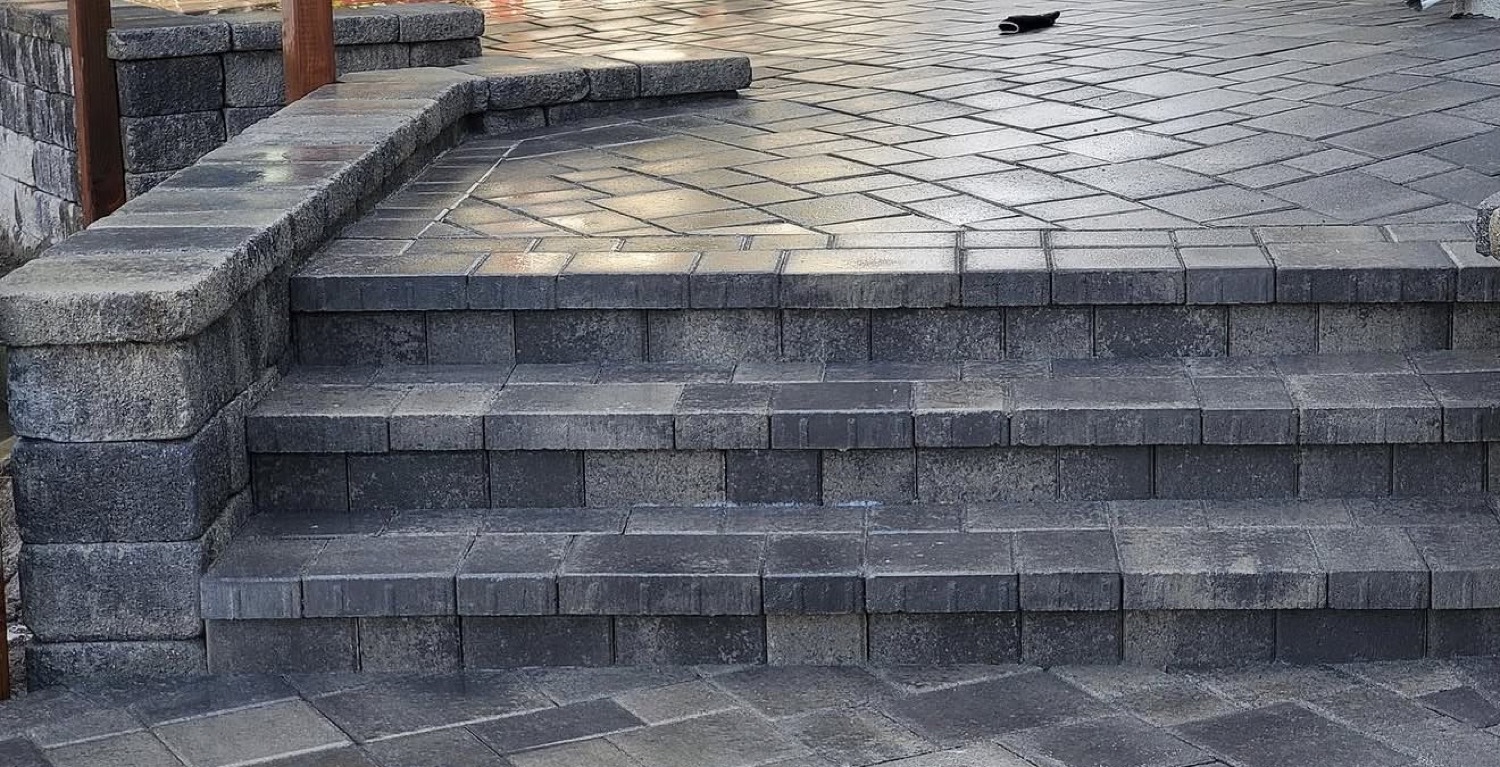 Charcoal paver steps & retaining wall